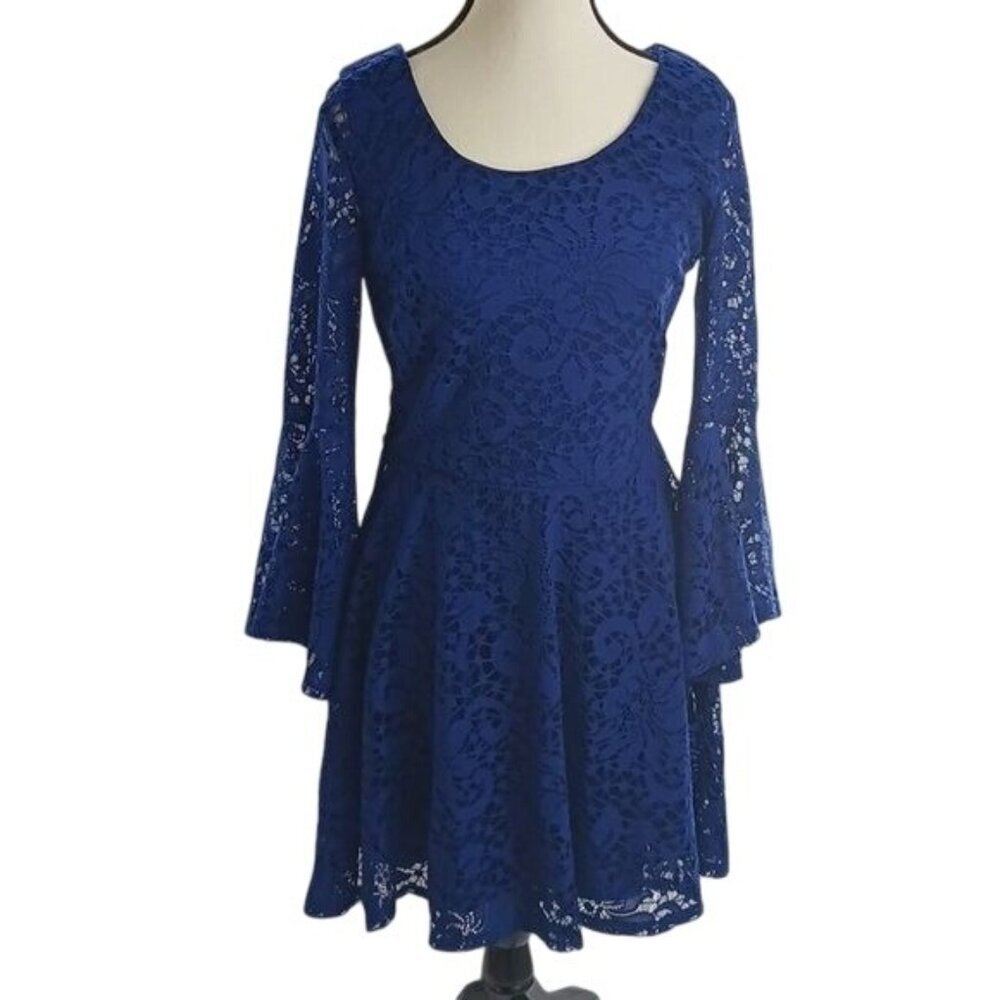 BCX Dress Womens Size 11 Royal Blue Lace Bell Sleeve Fit Flare Party Dress